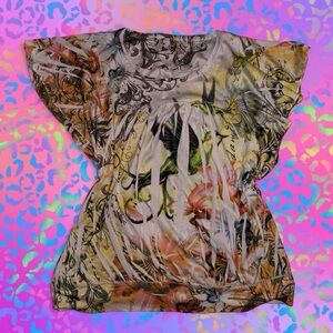 vtg y2k tattoo style sublimated aop graphic bling tee, no tags, fits like md